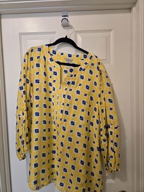 Multiples Yellow and Blue Geometric 3/4 Sleeve Blouse